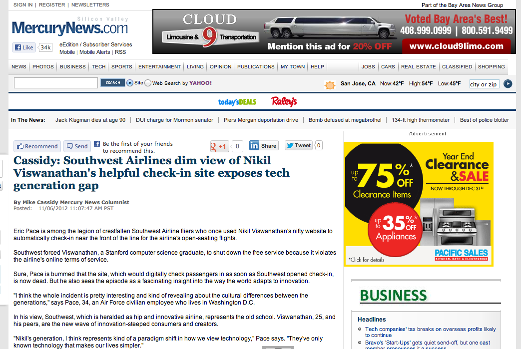 Front Page of Mercury News Online Again